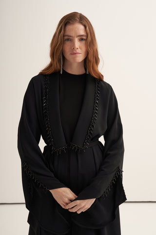 Yaka Patları Boncuk İşleme Detaylı Abaya - siyah