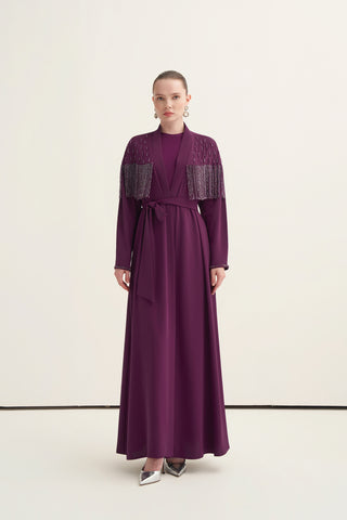 Boncuk İşlemeli ve Püsküllü Abaya - mürdüm