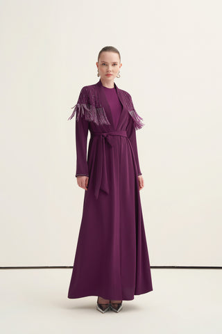 Boncuk İşlemeli ve Püsküllü Abaya - mürdüm