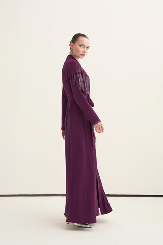 Boncuk İşlemeli ve Püsküllü Abaya - mürdüm