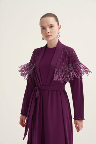 Boncuk İşlemeli ve Püsküllü Abaya - mürdüm