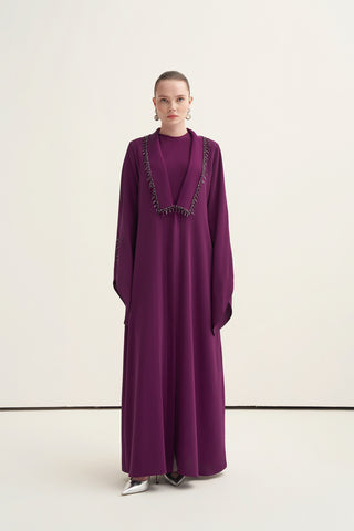 Yaka Patları Boncuk İşleme Detaylı Abaya - mürdüm