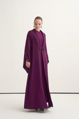 Yaka Patları Boncuk İşleme Detaylı Abaya - mürdüm