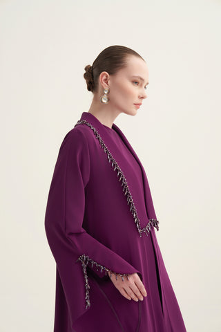Yaka Patları Boncuk İşleme Detaylı Abaya - mürdüm