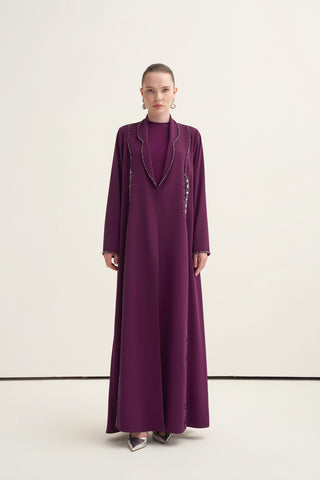 Önü Taş ve Boncuk İşleme Detaylı Abaya - mürdüm