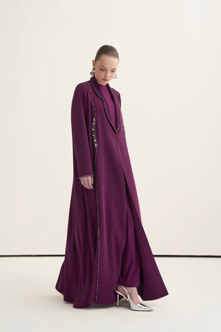 Önü Taş ve Boncuk İşleme Detaylı Abaya - mürdüm