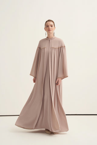 Önü ve Kolları Büzgülü Boncuk İşlemeli Abaya - koyu bej