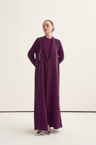 Önü Taş ve Boncuk İşleme Detaylı Abaya - mürdüm
