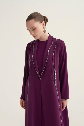 Önü Taş ve Boncuk İşleme Detaylı Abaya - mürdüm