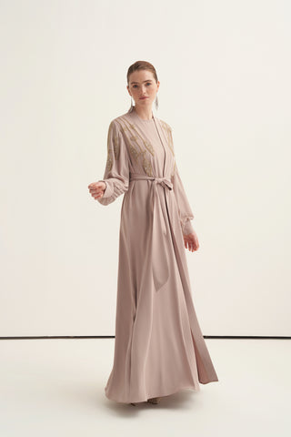 Önü Boncuk İşlemeli Abaya - koyu bej