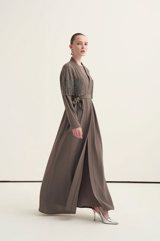 Boncuk İşlemeli ve Püsküllü Abaya - vizon
