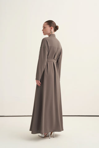 Boncuk İşlemeli ve Püsküllü Abaya - vizon
