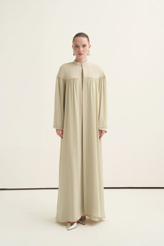 Önü ve Kolları Büzgülü Boncuk İşlemeli Abaya - mimoza