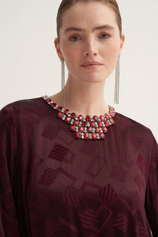 Elişi ve Tüy Detaylı İpek Jakar Elbise - bordo