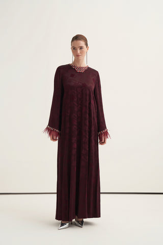 Elişi ve Tüy Detaylı İpek Jakar Elbise - bordo