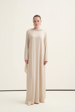 Yakası Taş İşlemeli Çiçek Desen Kumaşlı Elbise - bej