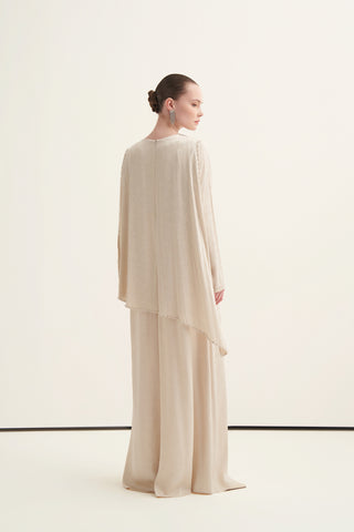 Yakası Taş İşlemeli Çiçek Desen Kumaşlı Elbise - bej