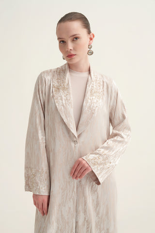 Jakar Desenli Yakası Taş İşlemeli Abaya - bej