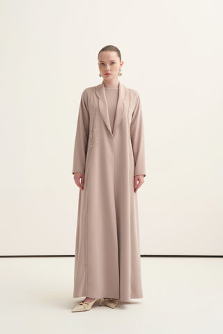 Önü Taş ve Boncuk İşleme Detaylı Abaya - koyu bej