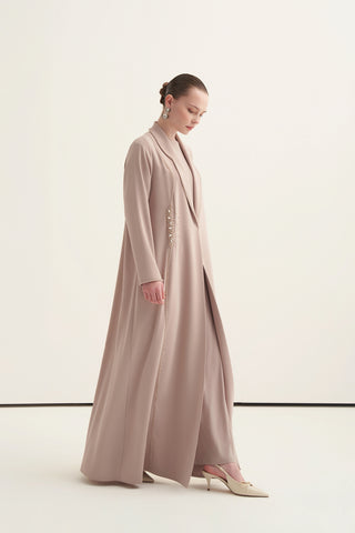 Önü Taş ve Boncuk İşleme Detaylı Abaya - koyu bej