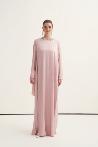 Yakası Taş İşlemeli Çiçek Desen Kumaşlı Elbise - pembe