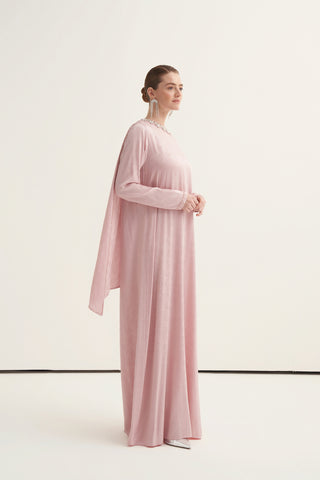 Yakası Taş İşlemeli Çiçek Desen Kumaşlı Elbise - pembe