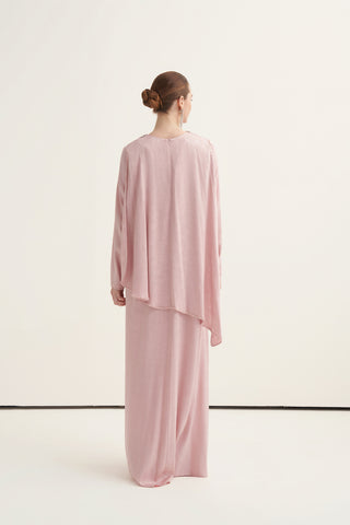 Yakası Taş İşlemeli Çiçek Desen Kumaşlı Elbise - pembe