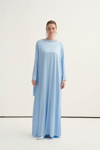 Yakası Taş İşlemeli Çiçek Desen Kumaşlı Elbise - mavi