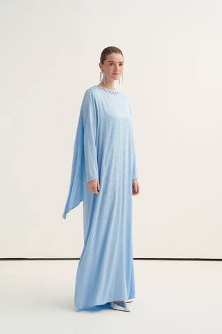 Yakası Taş İşlemeli Çiçek Desen Kumaşlı Elbise - mavi