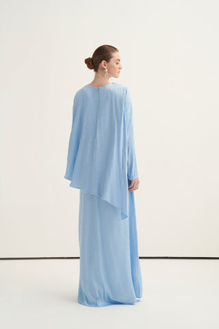 Yakası Taş İşlemeli Çiçek Desen Kumaşlı Elbise - mavi