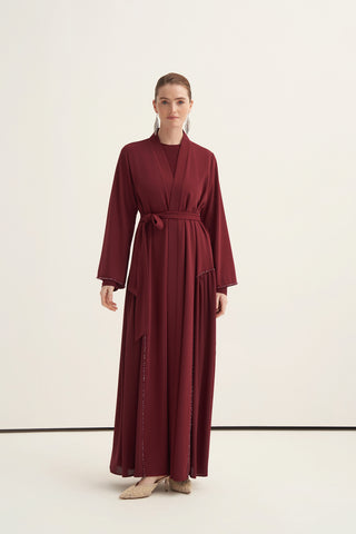 Boncuk İşlemeli Abaya - bordo