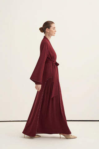 Boncuk İşlemeli Abaya - bordo