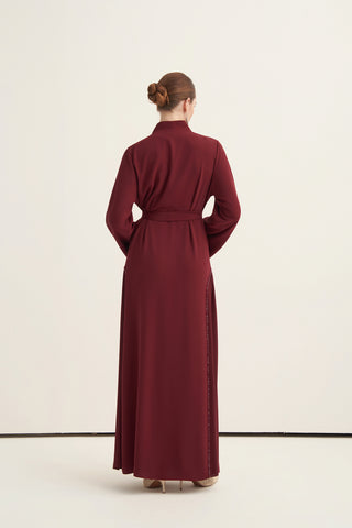 Boncuk İşlemeli Abaya - bordo