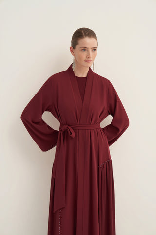 Boncuk İşlemeli Abaya - bordo