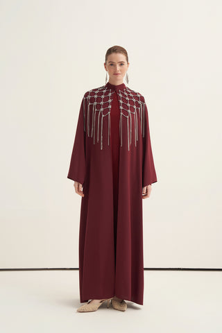 Elişi Sallantı Taş Detaylı Abaya - bordo