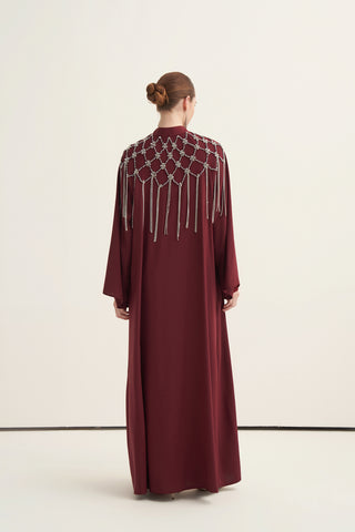 Elişi Sallantı Taş Detaylı Abaya - bordo