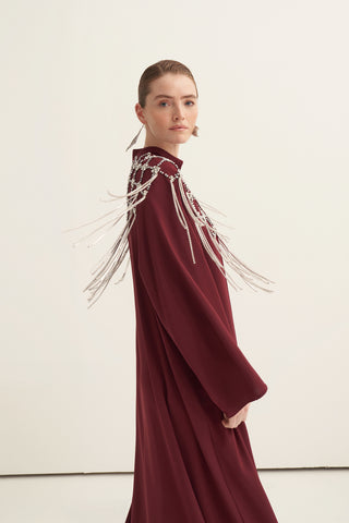 Elişi Sallantı Taş Detaylı Abaya - bordo