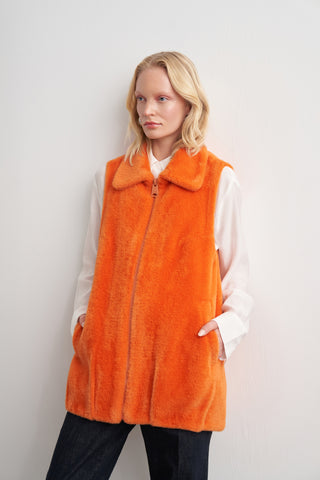 Yakalı Cepli Angora Kolsuz Yelek - orange