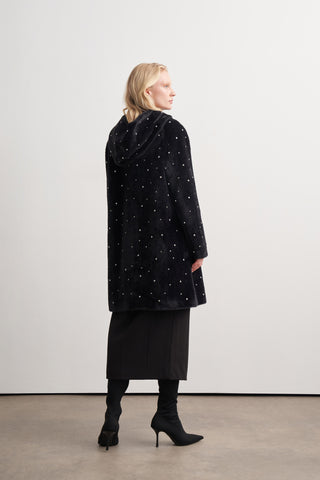 Fermuarlı Kapüşonlu Taş İşlemeli Kısa Kaban - siyah