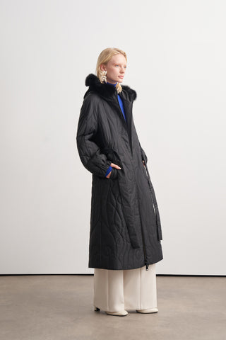 Önü Fermuarlı Desenli Kapitone Mont - siyah