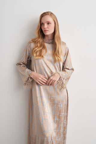 Taş ve Tüy Detaylı Jakarlı Elbise - mavi
