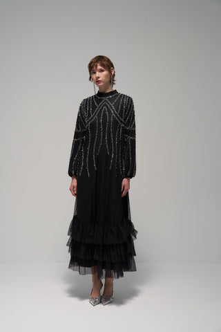 Eteği Fırfır Detaylı Taş Baskılı Elbise - siyah