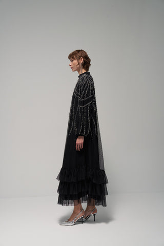 Eteği Fırfır Detaylı Taş Baskılı Elbise - siyah