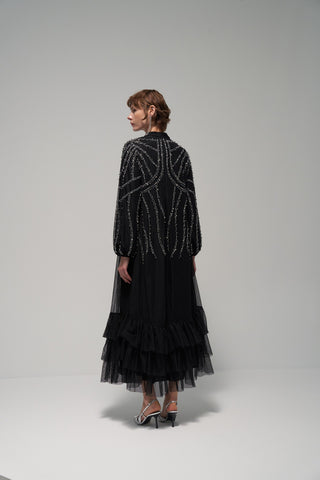 Eteği Fırfır Detaylı Taş Baskılı Elbise - siyah