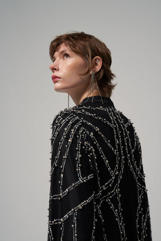 Eteği Fırfır Detaylı Taş Baskılı Elbise - siyah