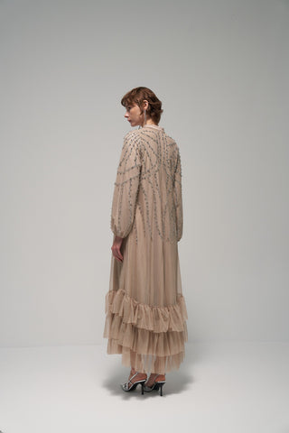 Eteği Fırfır Detaylı Taş Baskılı Elbise - bej