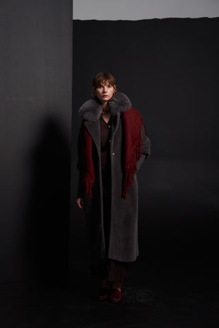 Yakası Kürklü Triko Detaylı Angora Kap - gri