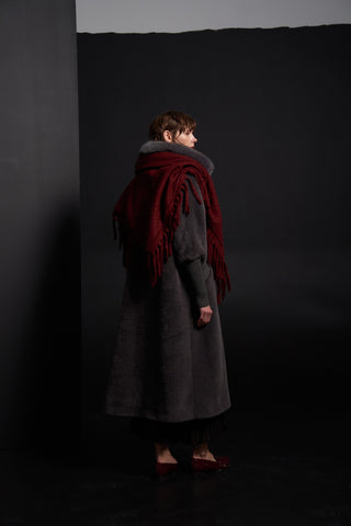 Yakası Kürklü Triko Detaylı Angora Kap - gri