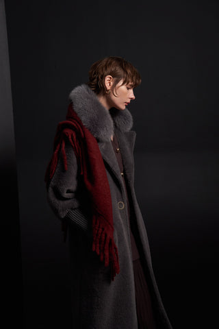 Yakası Kürklü Triko Detaylı Angora Kap - gri