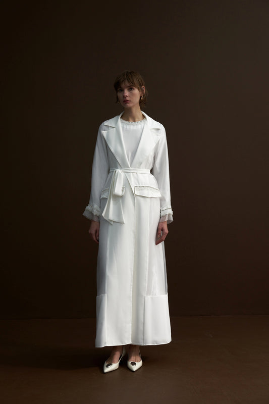 Cepleri Taş İşlemeli Organze Abaya - beyaz